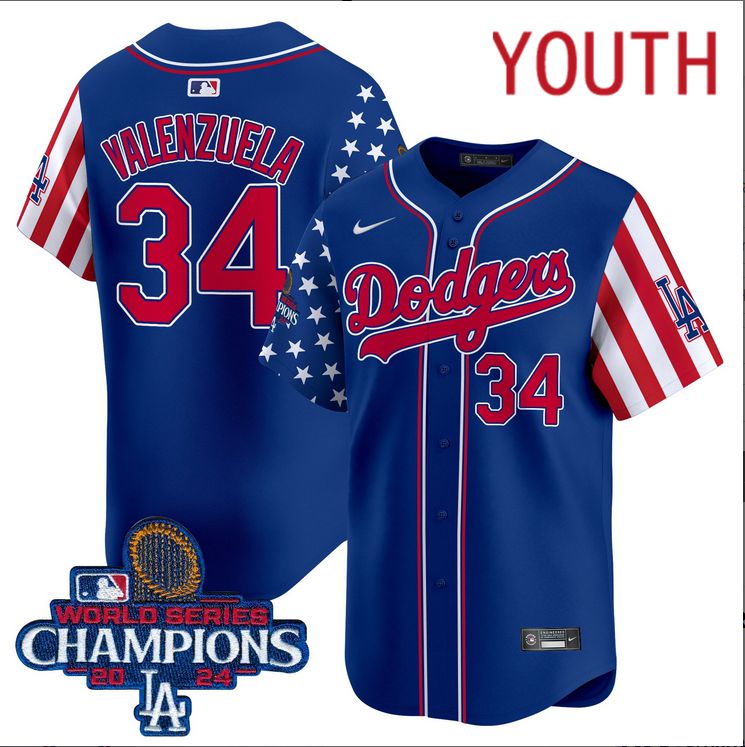 Youth  MLB Los Angeles Dodgers #34 Valenzuela American Style blue 2024 World Series Champions  Limited Jersey->youth mlb jersey->Youth Jersey